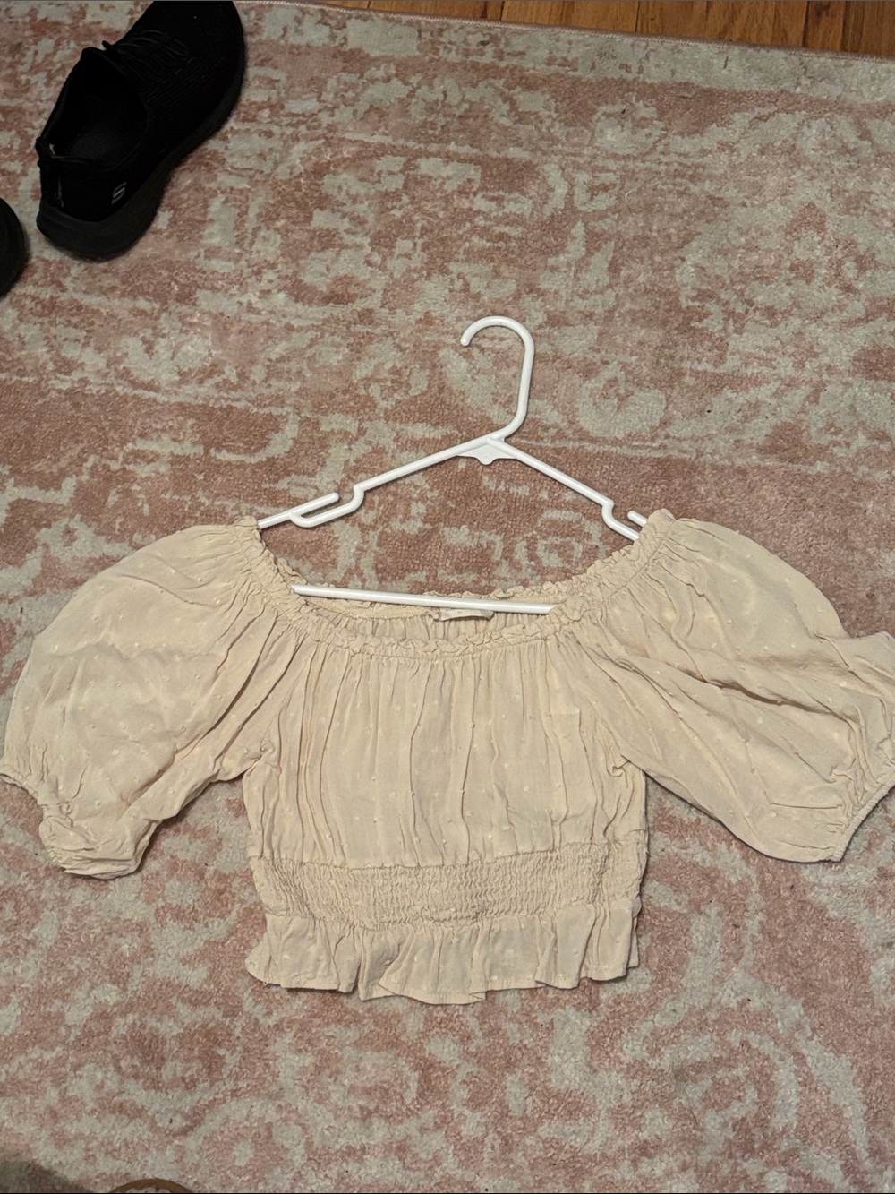 Altar’d State Cream Smocked Off-Shoulder Puff Sleeve Crop Top